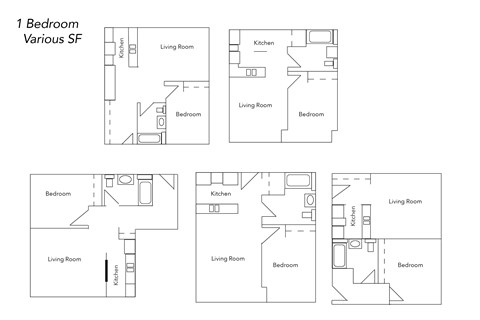 A slide showing floor plans of a one bedroom apartment.
